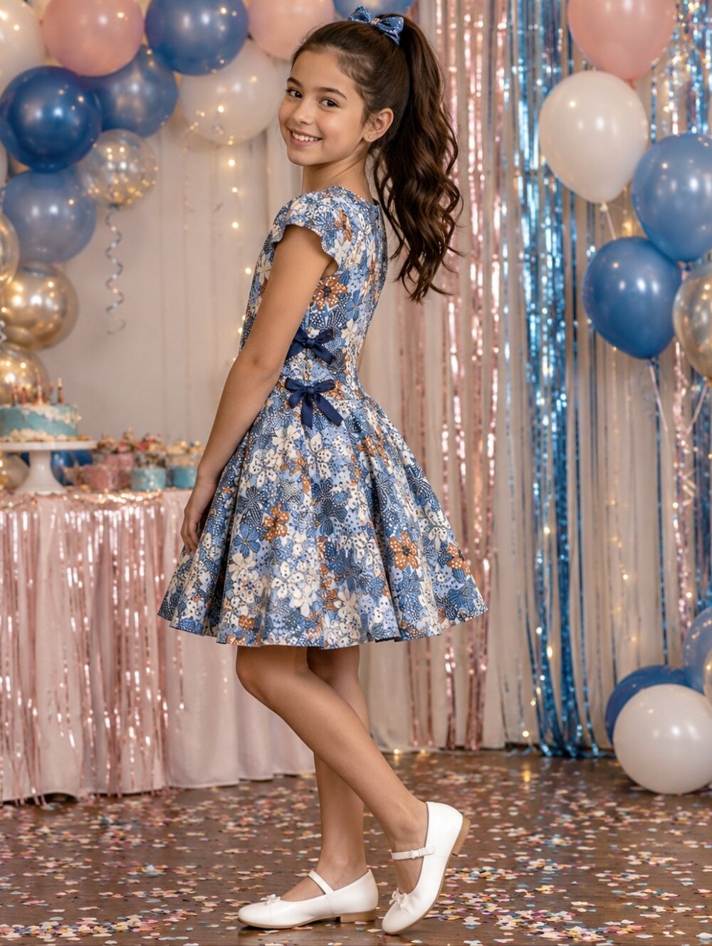 ZARA GIRLS SOFT COLLECTION FLORAL DRESS WITH 3 BOW SIDE DETAIL . SZ 13/14.  BLUE